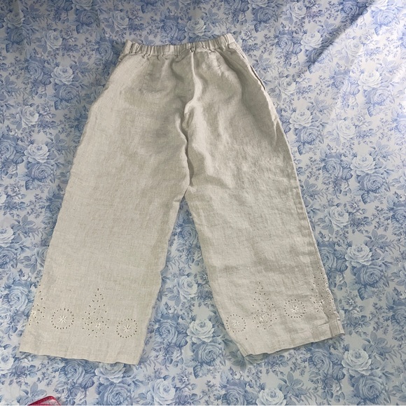 Vintage High Waisted Linen Capri Eyelet Cropped Pants Wide Leg Drawstring Small - Picture 3 of 7